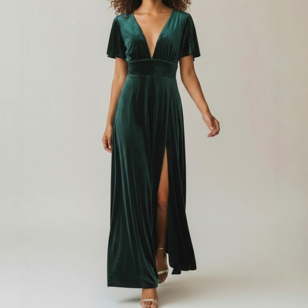Lulus Formal Maxi Dress Green Velvet Plunge Neck Backless Women's Size L NWT